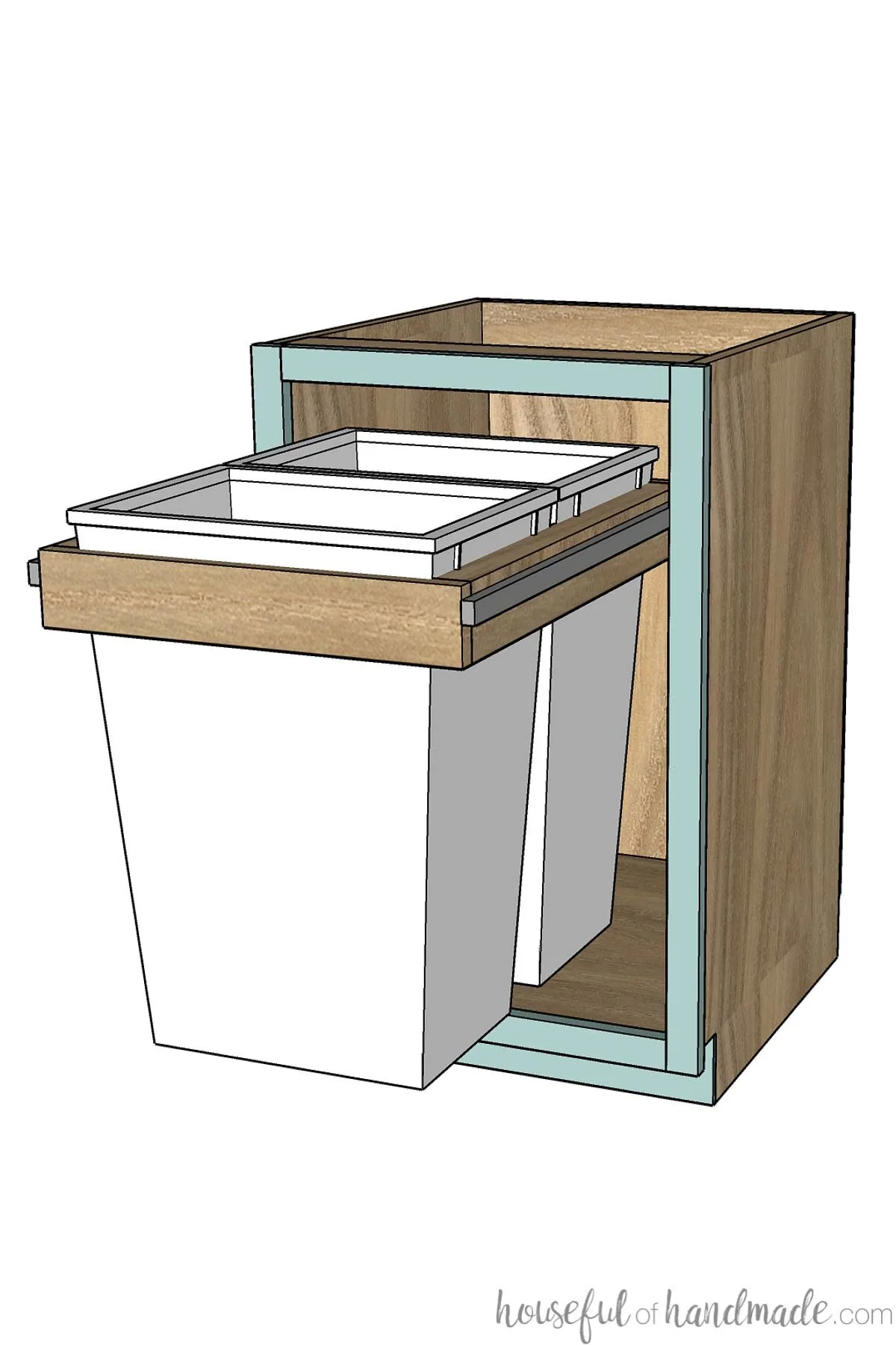 SketchUp drawing of a garbage can cabinet with two cans slide out on drawer slides. 