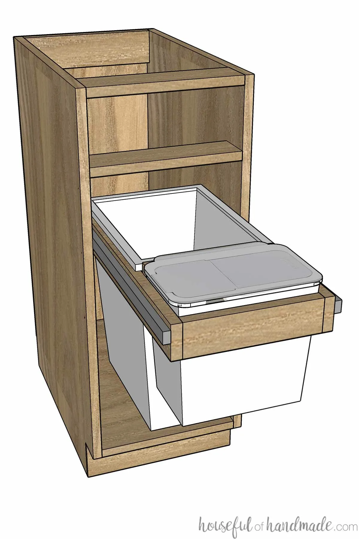 Drawing of build plans for a small trash can cabinet with a compost bin and drawer. 