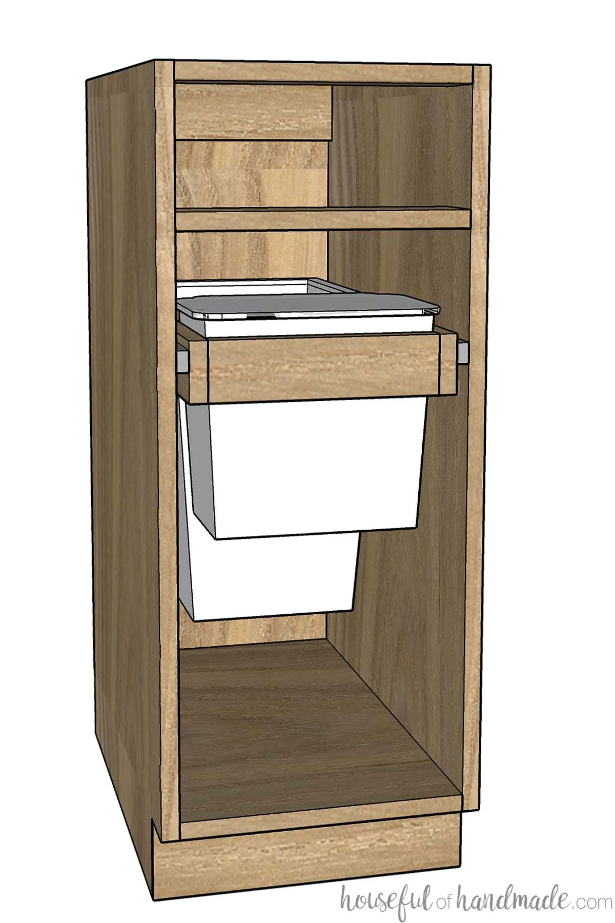Drawing of frameless trash can cabinet with small and large trash cans. 