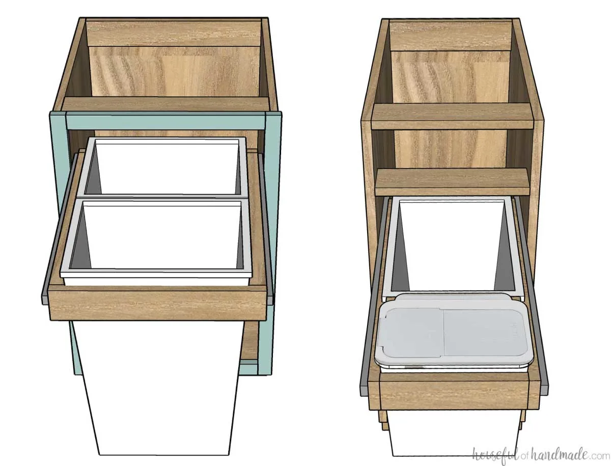 Two 3D sketches of two different custom configurations of pull out trash can cabinets you can build.