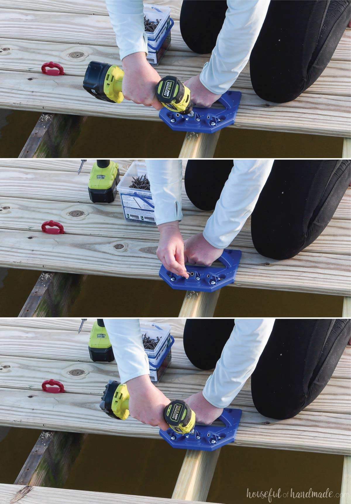 Three pictures showing the process of attaching a new deck board with the Kreg Deck jig.