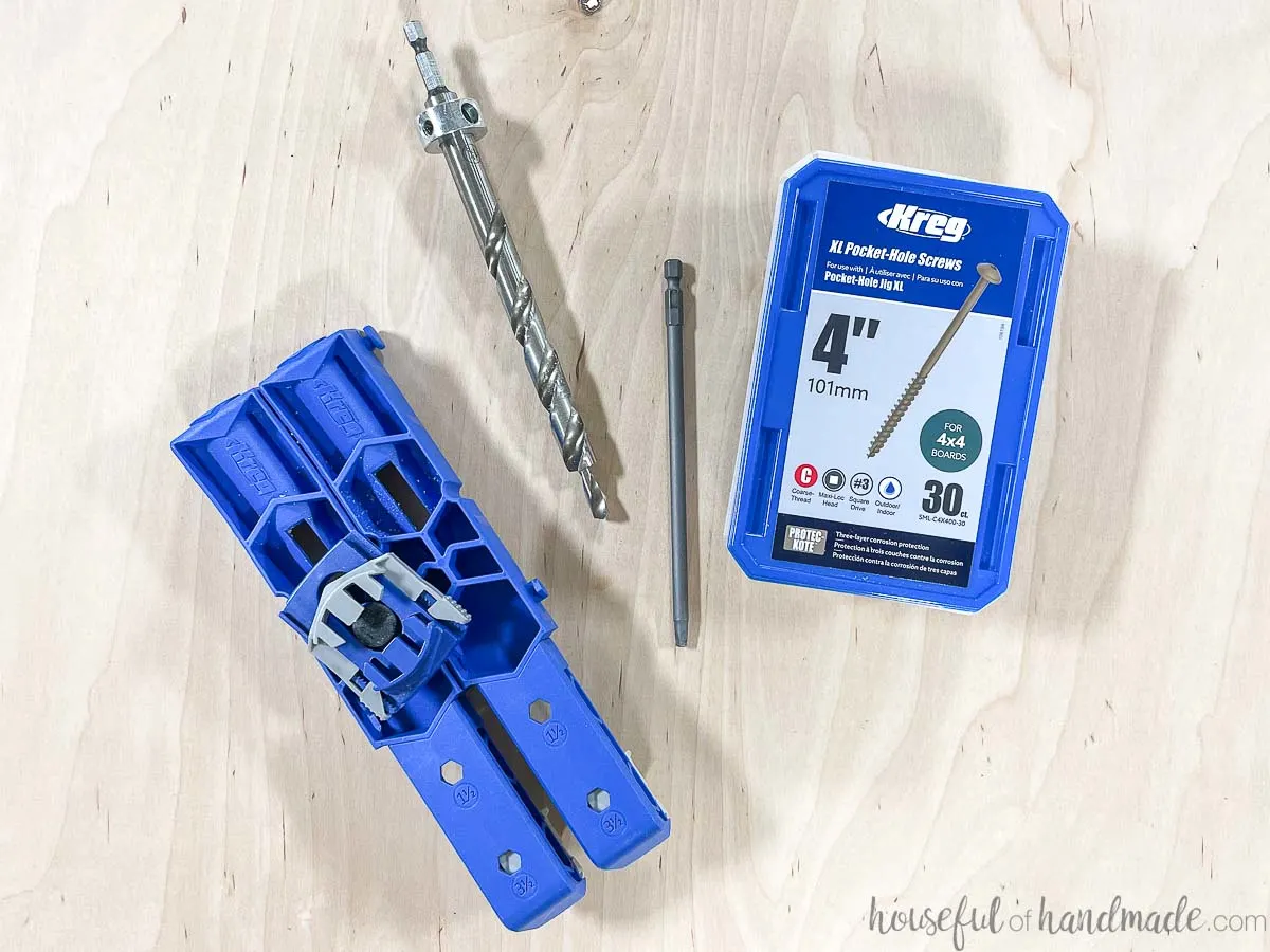 Kreg Pocket Hole Jig XL with drill bit, driver, and box of 4" screws. 