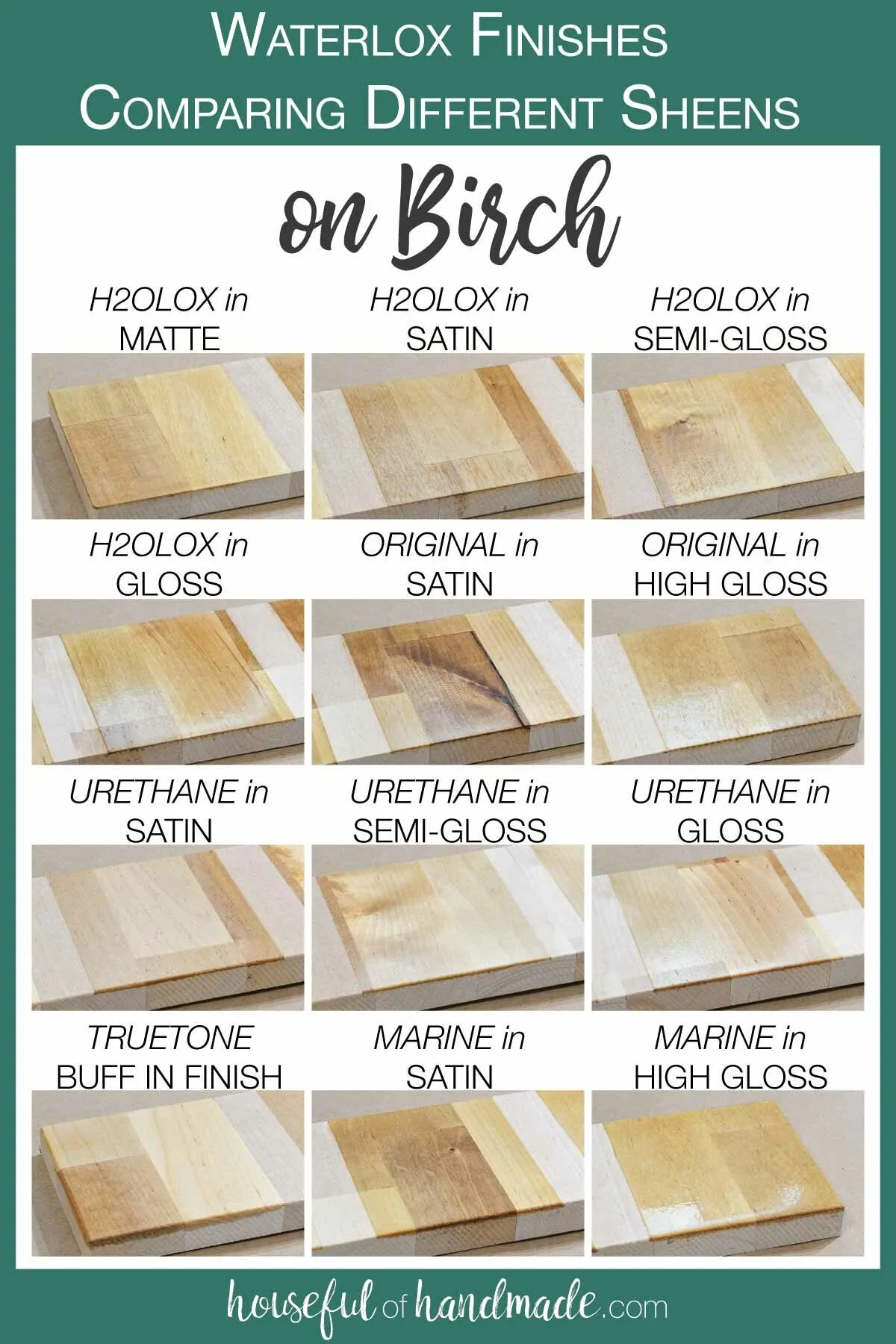 12 samples of the different sheens of all the Waterlox finishes on Birch Countertop. 