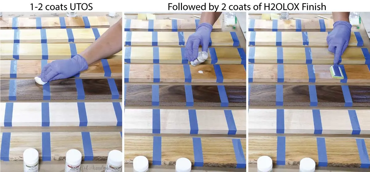 Application process for the UTOS and H2OLOX finish on different wood species samples. 