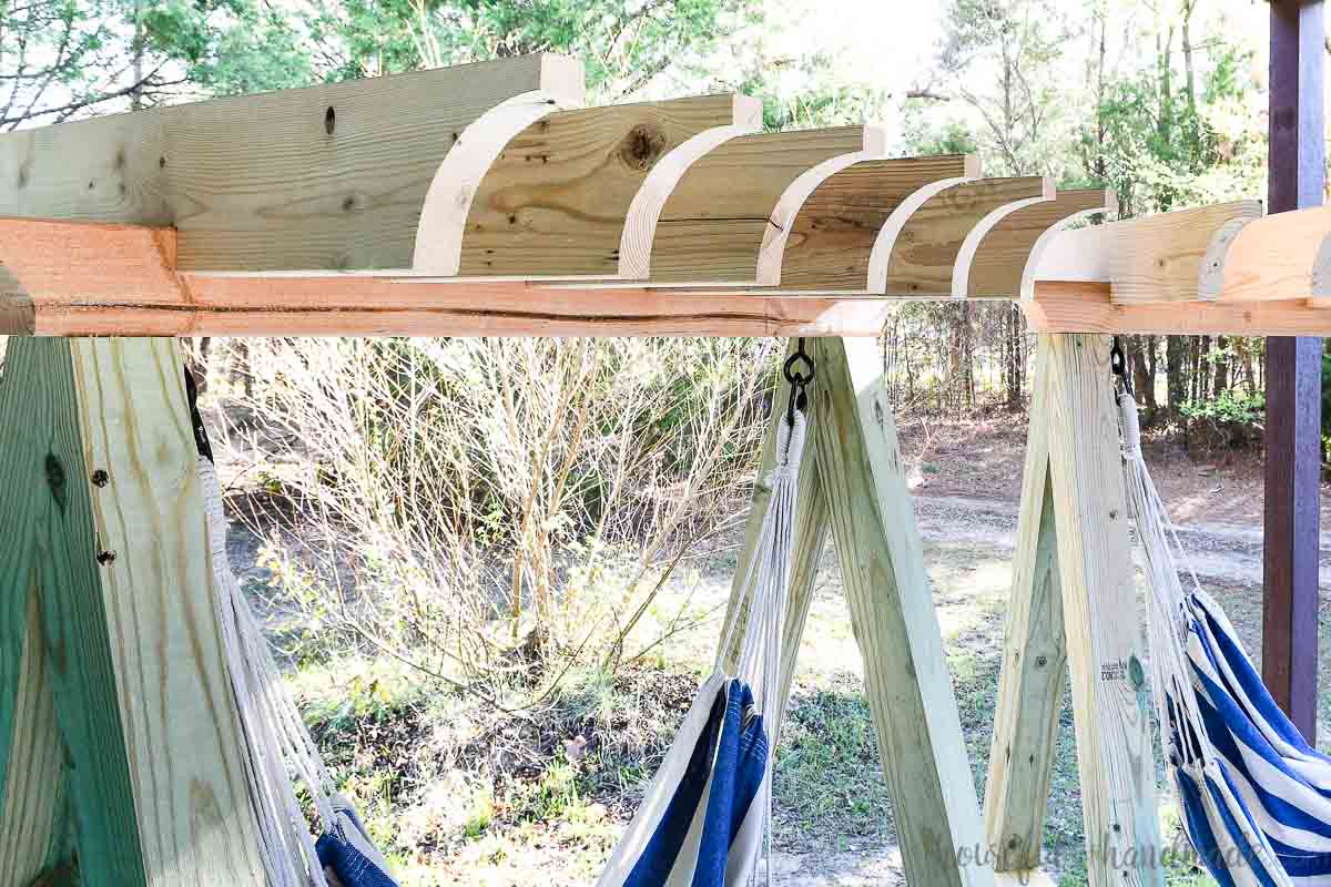 Close up of the pergola rafters on top of the hammock swing stand. 