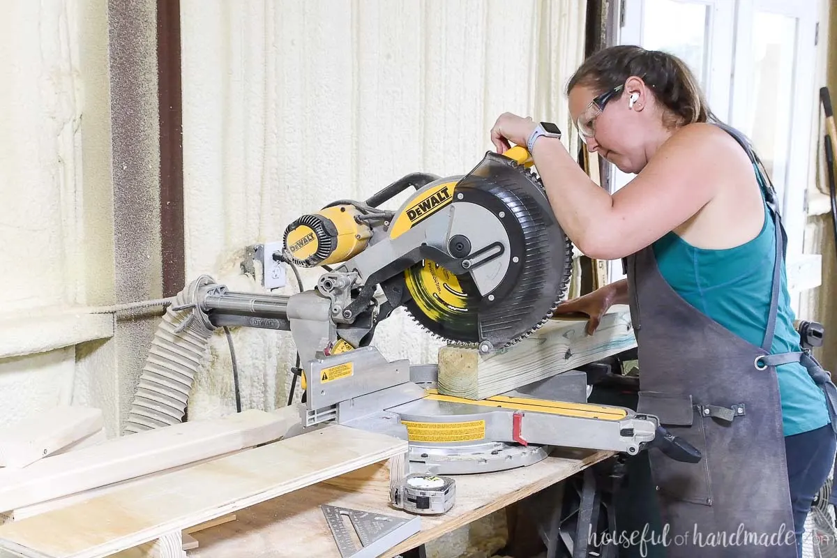 Cutting 4x4 boards on a miter saw at a 15 degree angle. 