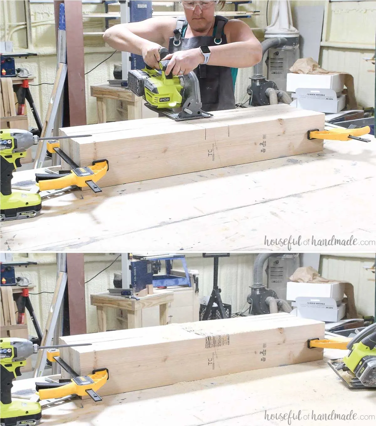 Cutting lots of lines in the stack of pergola rafters with a circular saw to create a notch. 