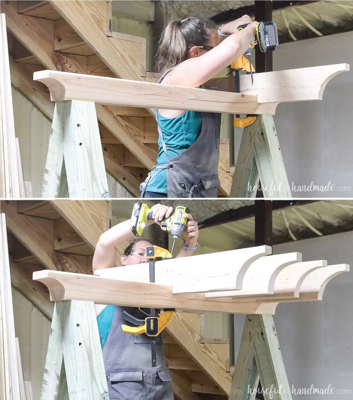 Attaching the pergola rafters to the top of the hammock chair stand.