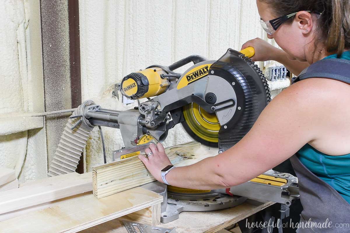 Cutting 2x4 braces with a 15 degree angle on the miter saw. 
