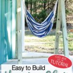 Easy to build hanging chair stand with a blue and white striped hammock chair clipped on it.