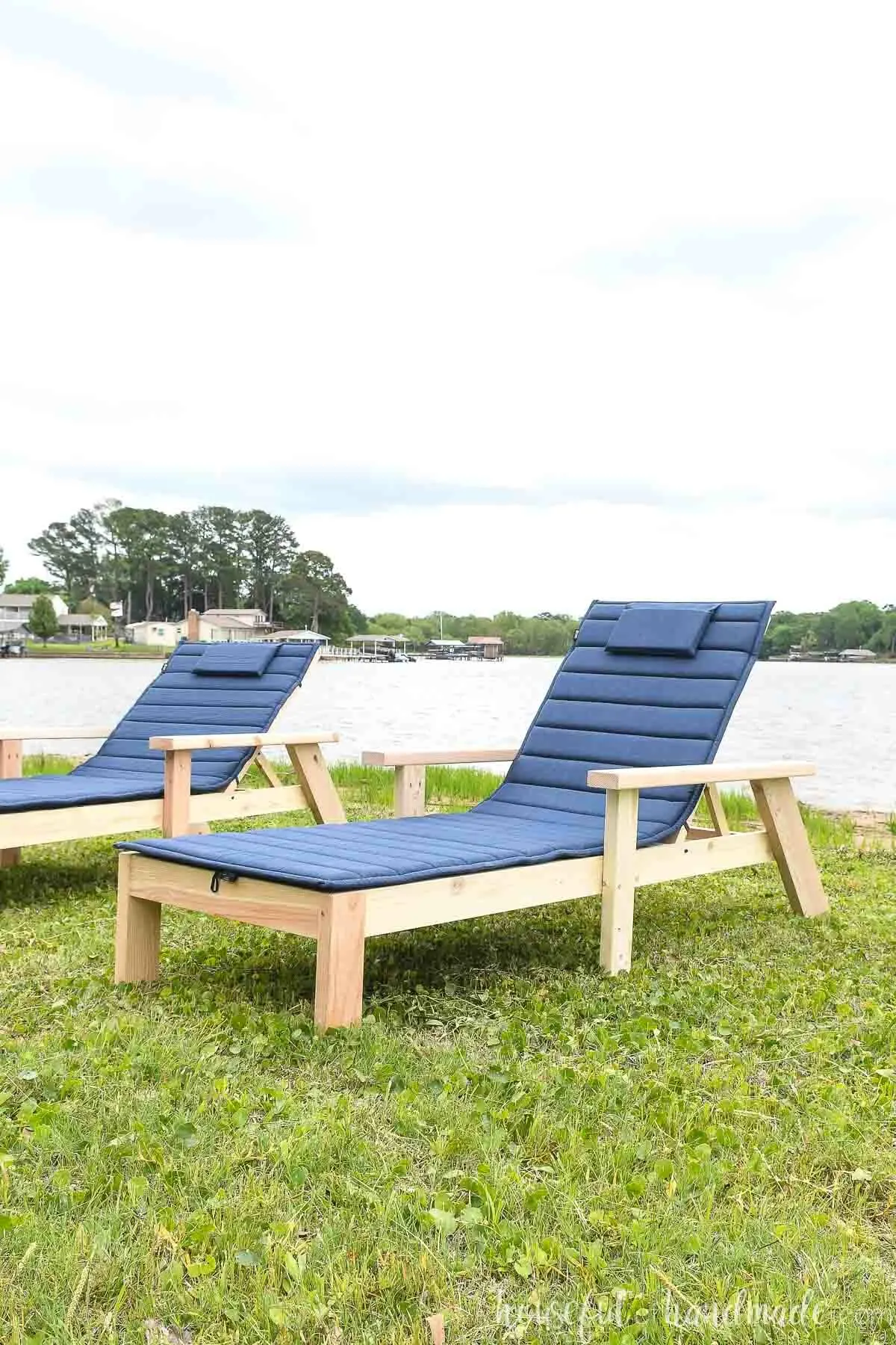 Side view of the DIY chaise lounge chairs on the grass with the back in an upright position.