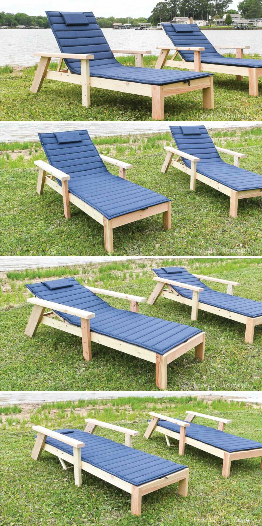 Four pictures showing the 3 different angles the chaise lounge chair can adjust to and the fully flat option. 