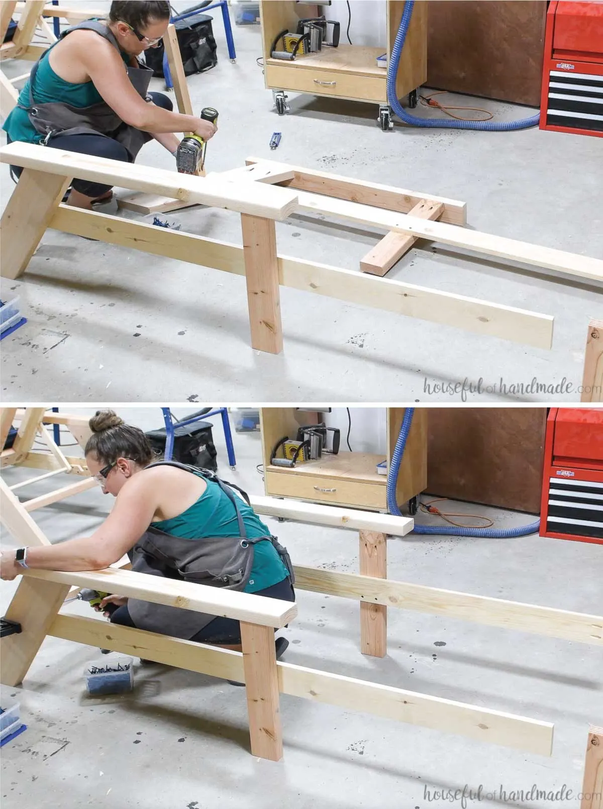 Attaching the two sides of the chaise lounge chair together with a 2x2 at the back of the rails.