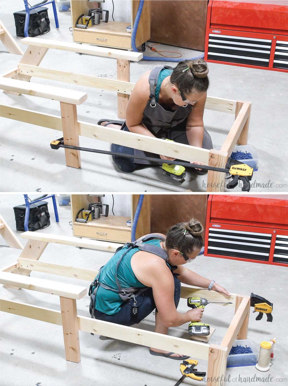 Attaching the front legs to the rails to create the chaise lounger frame. 