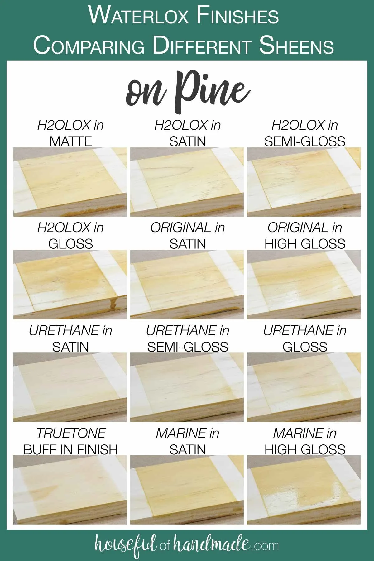 12 samples of the different sheens of all the Waterlox finishes on Pineboards.