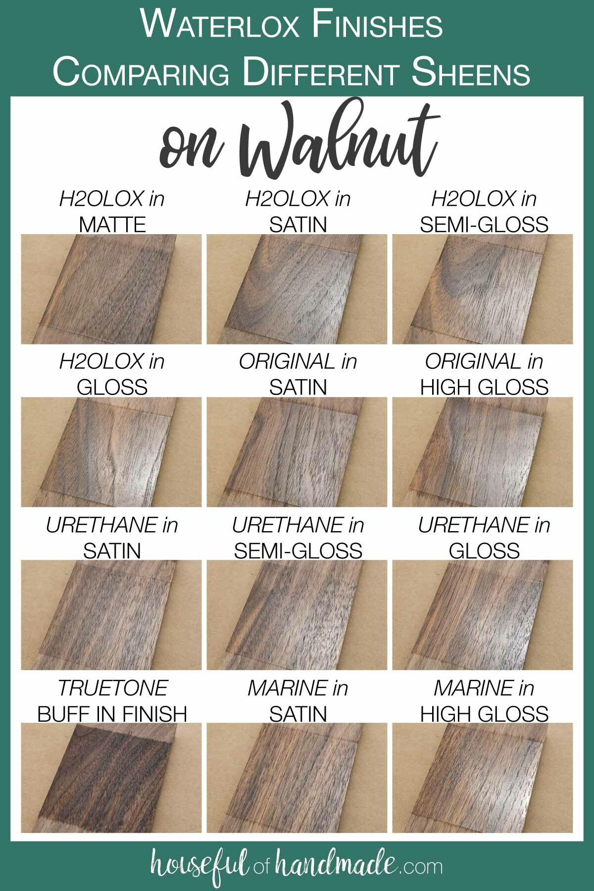 12 samples of the different sheens of all the Waterlox finishes on Walnut boards. 