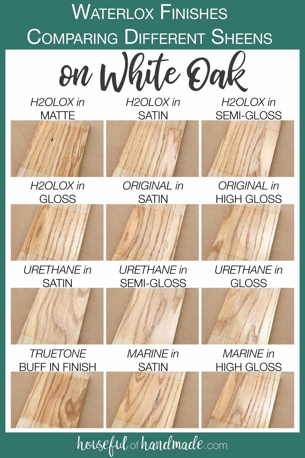 12 samples of the different sheens of all the Waterlox finishes on White Oak boards. 