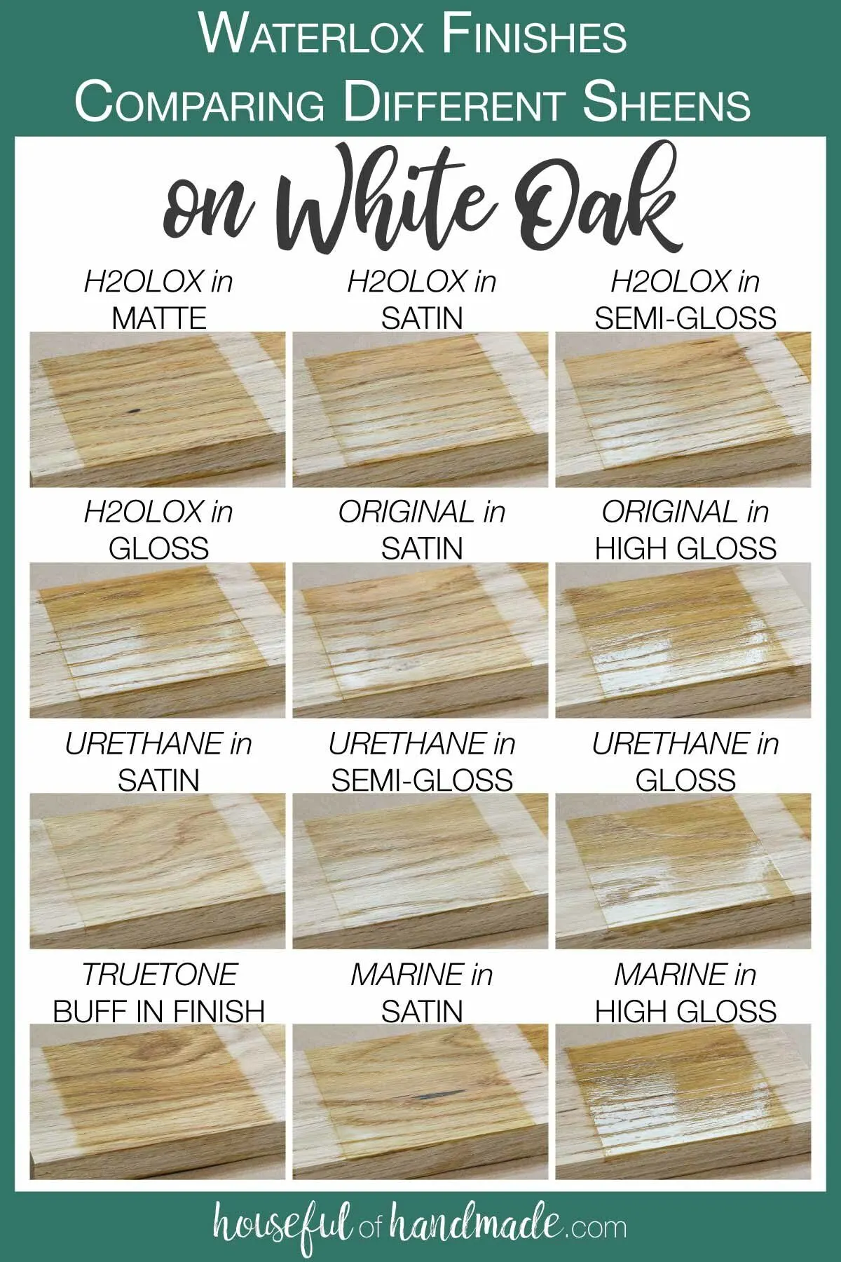 12 samples of the different sheens of all the Waterlox finishes on White Oak boards. 