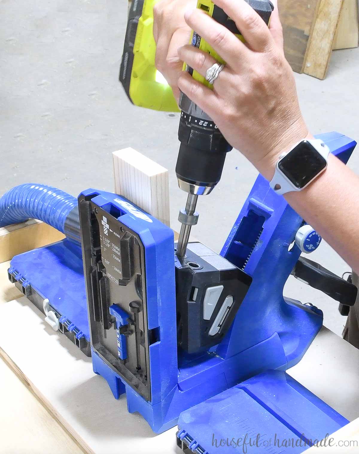 Drilling pocket holes in 1x3 boards with the Kreg 720Pro pocket hole jig. 