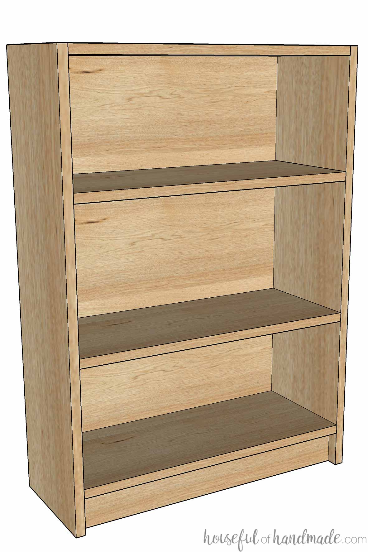 Frameless bookcase with a small toe kick on the bottom. 