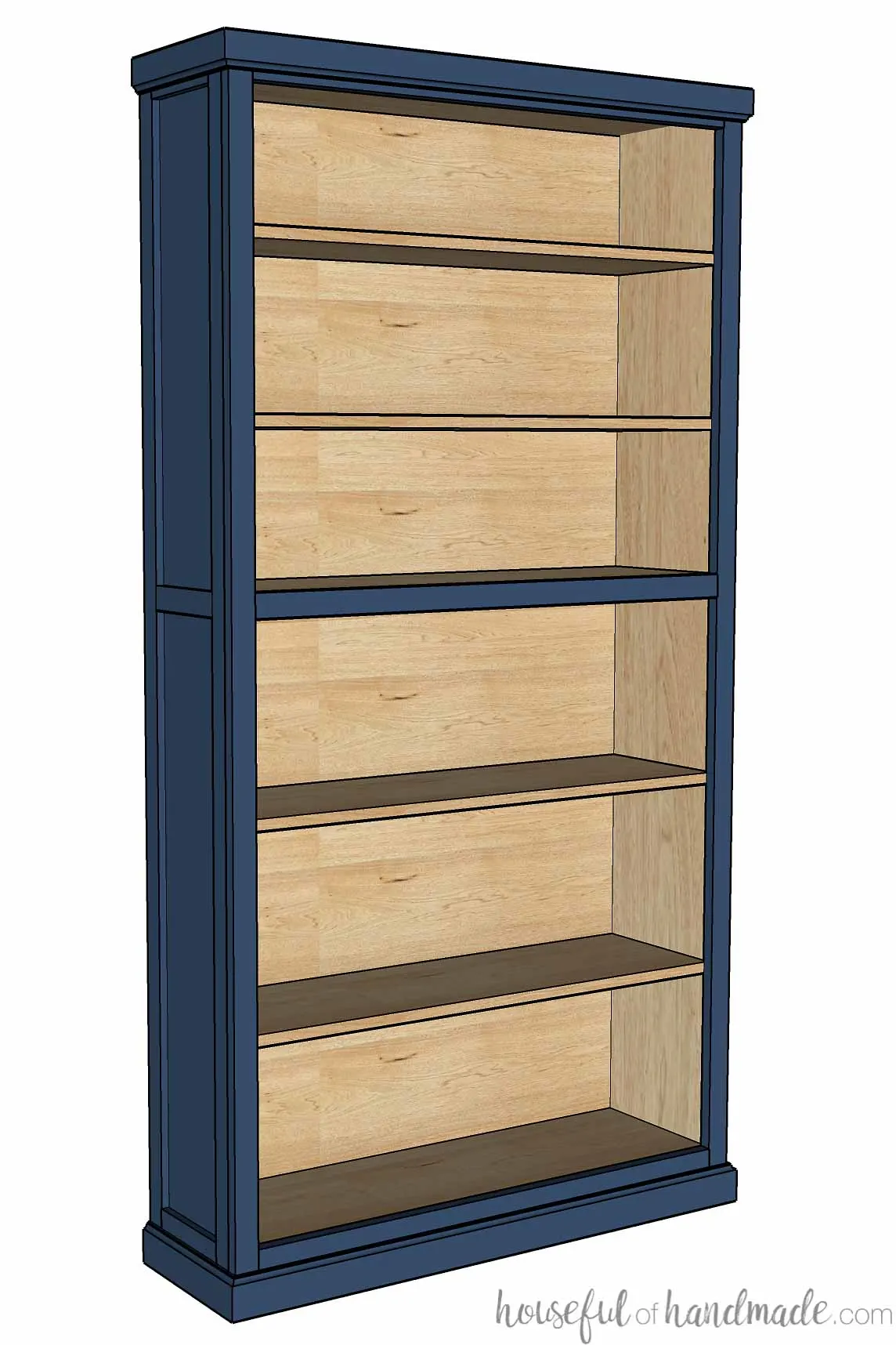 Woodworking sketch of tall bookcase trimmed out on the top, bottom and sides to add character. 