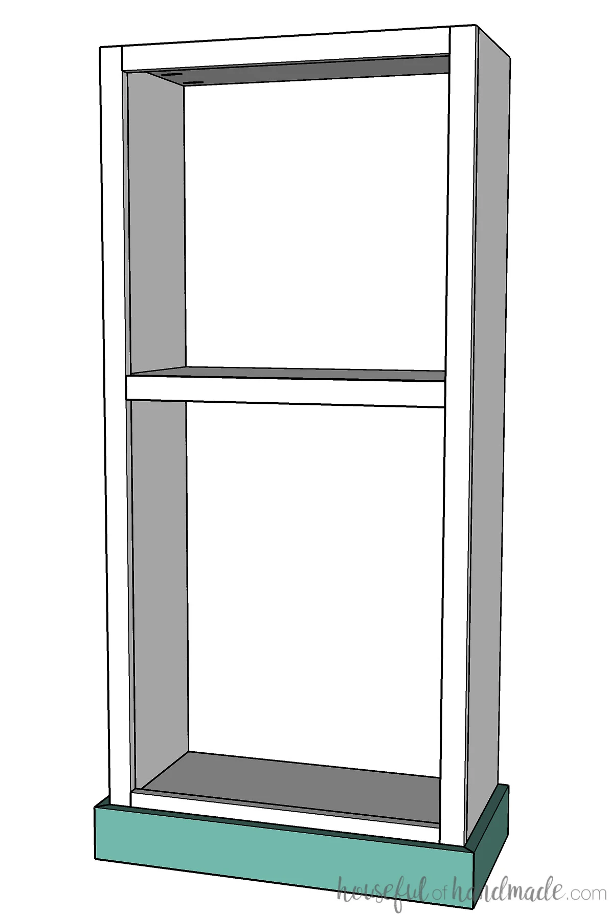 Sketch of tall bookcase with trim around the bottom instead of a toe kick.