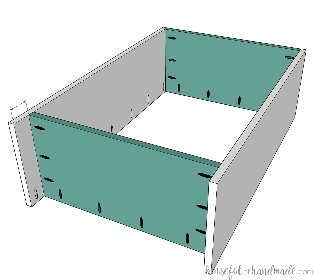 Sketch of bookcase top and bottom attached to the sides.