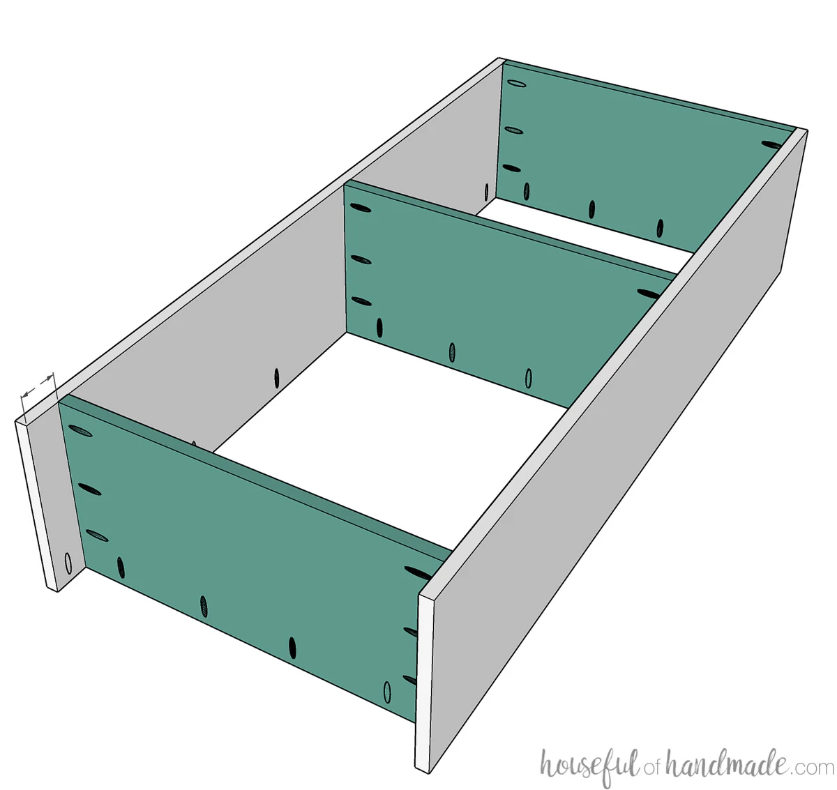 Sketch of a tall bookcase with a stationary shelf attached between the top and bottom pieces. 