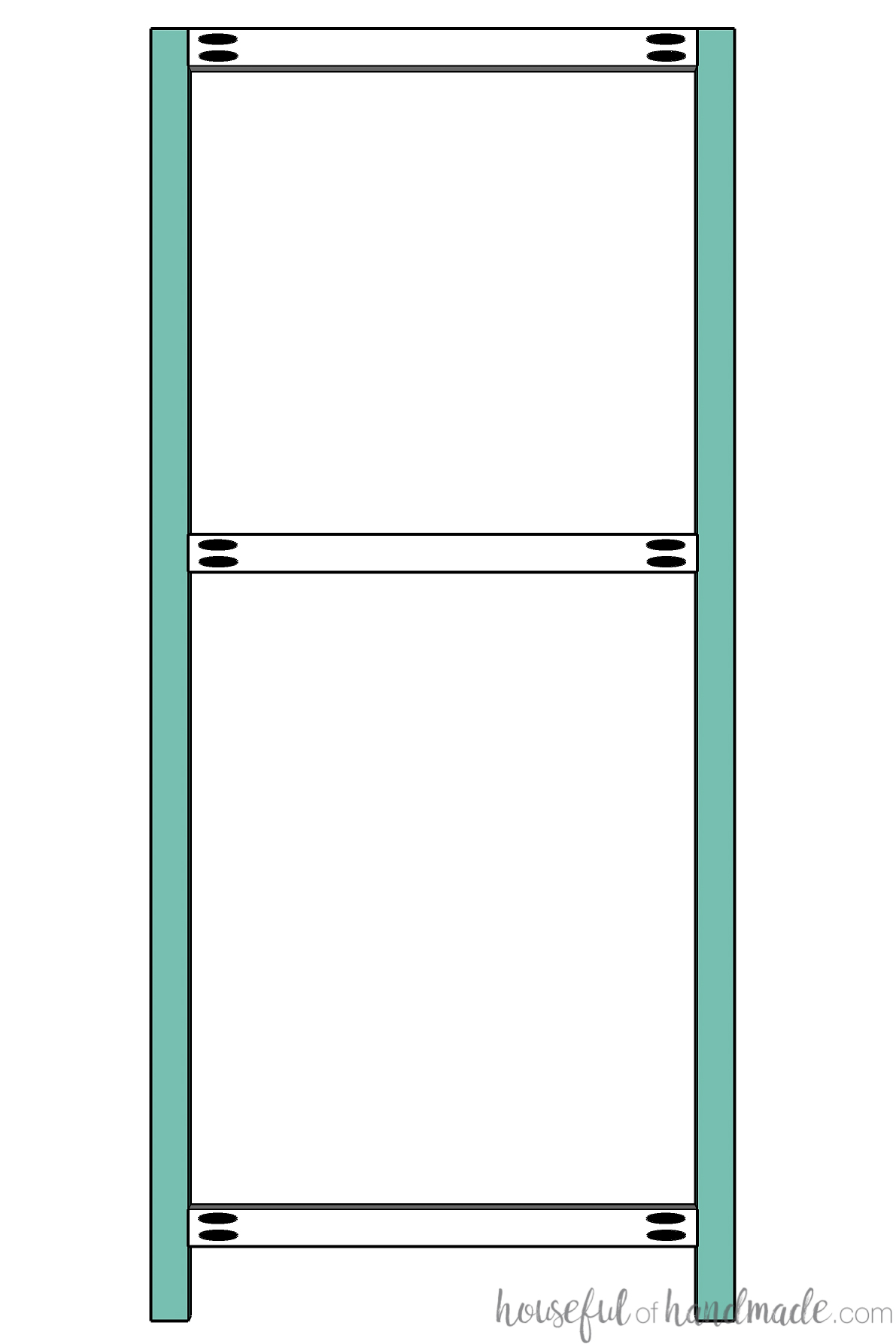 Sketch of a tall bookcase face frame with extra rail for the stationary shelf. 