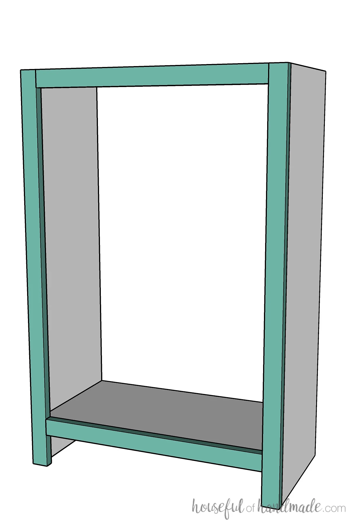 Sketch of DIY bookshelf with the face frame attached. 