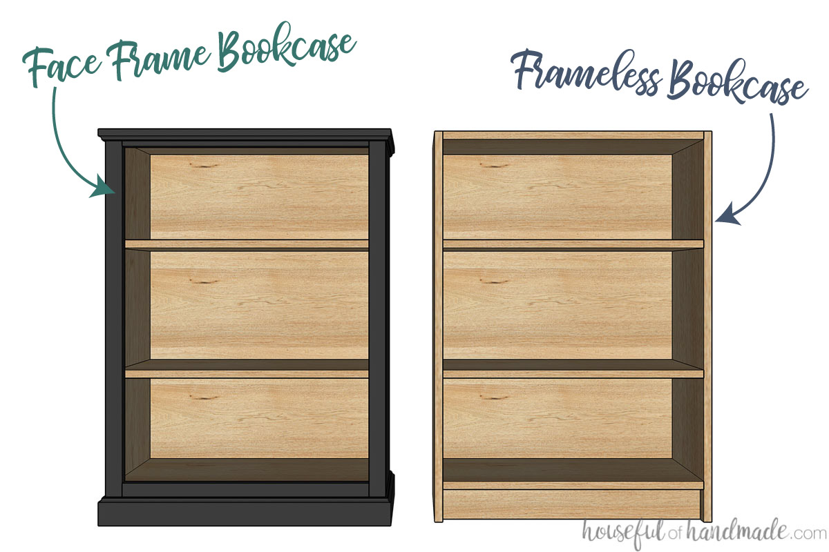 3D Drawings of a face frame cabinet and a framless cabinet to compare. 