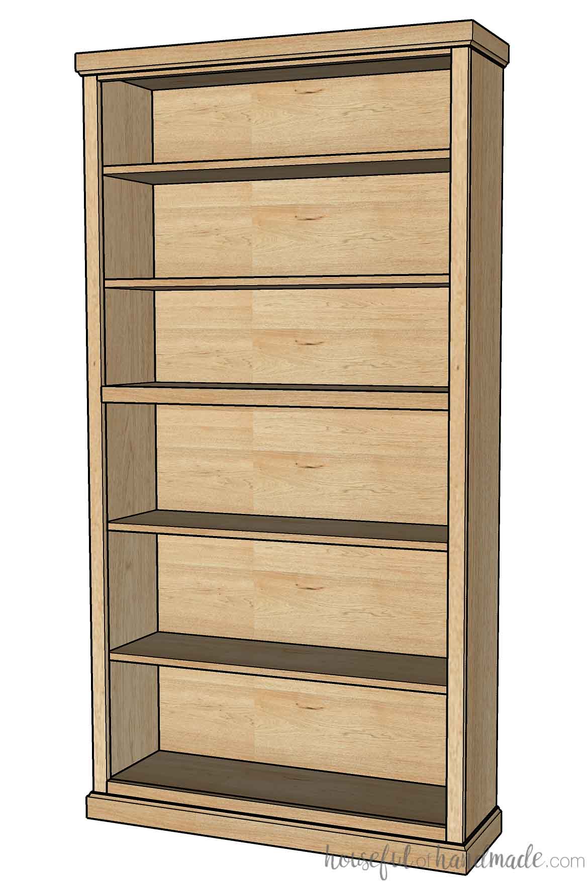 3D build drawing of a tall bookcase with face frame and adjustable shelves. 