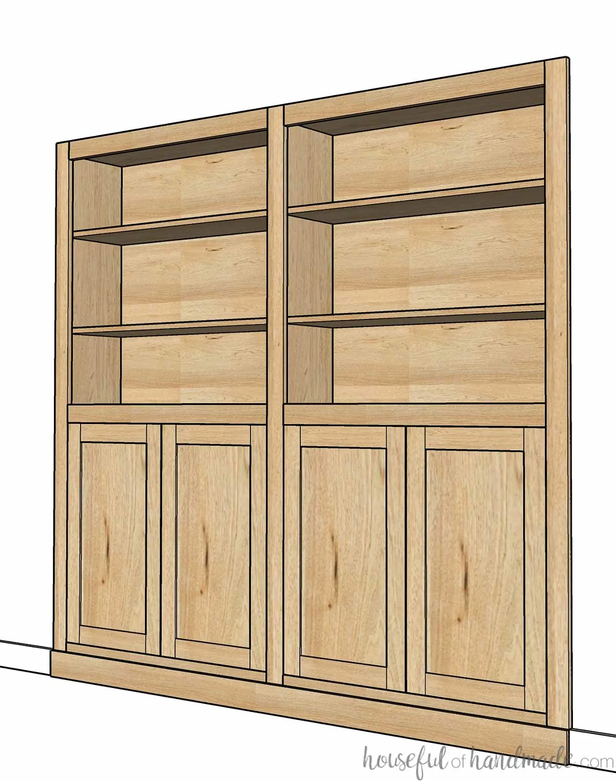 3D drawing of built in bookcase plans of 2 bookshelves with doors on the lower sections recessed into the wall. 