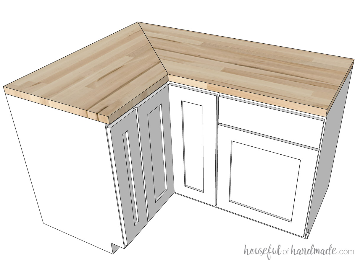 3D Sketch of cabinets in a corner with butcher block countertop installed in the corner with an angled cut. 