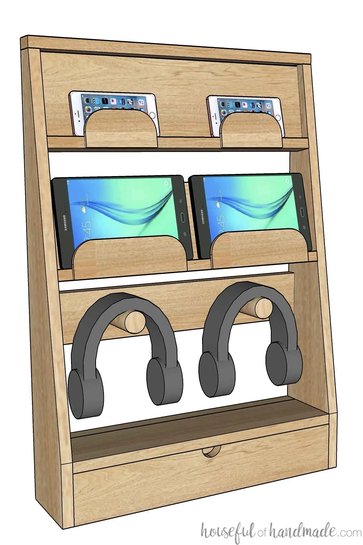 3D sketch of the DIY charging station that mounts on the wall.