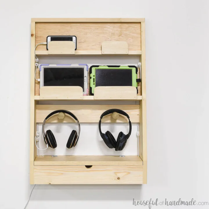 DIY charging station for kids phones and tablets with a space for charging bluetooth headsets.