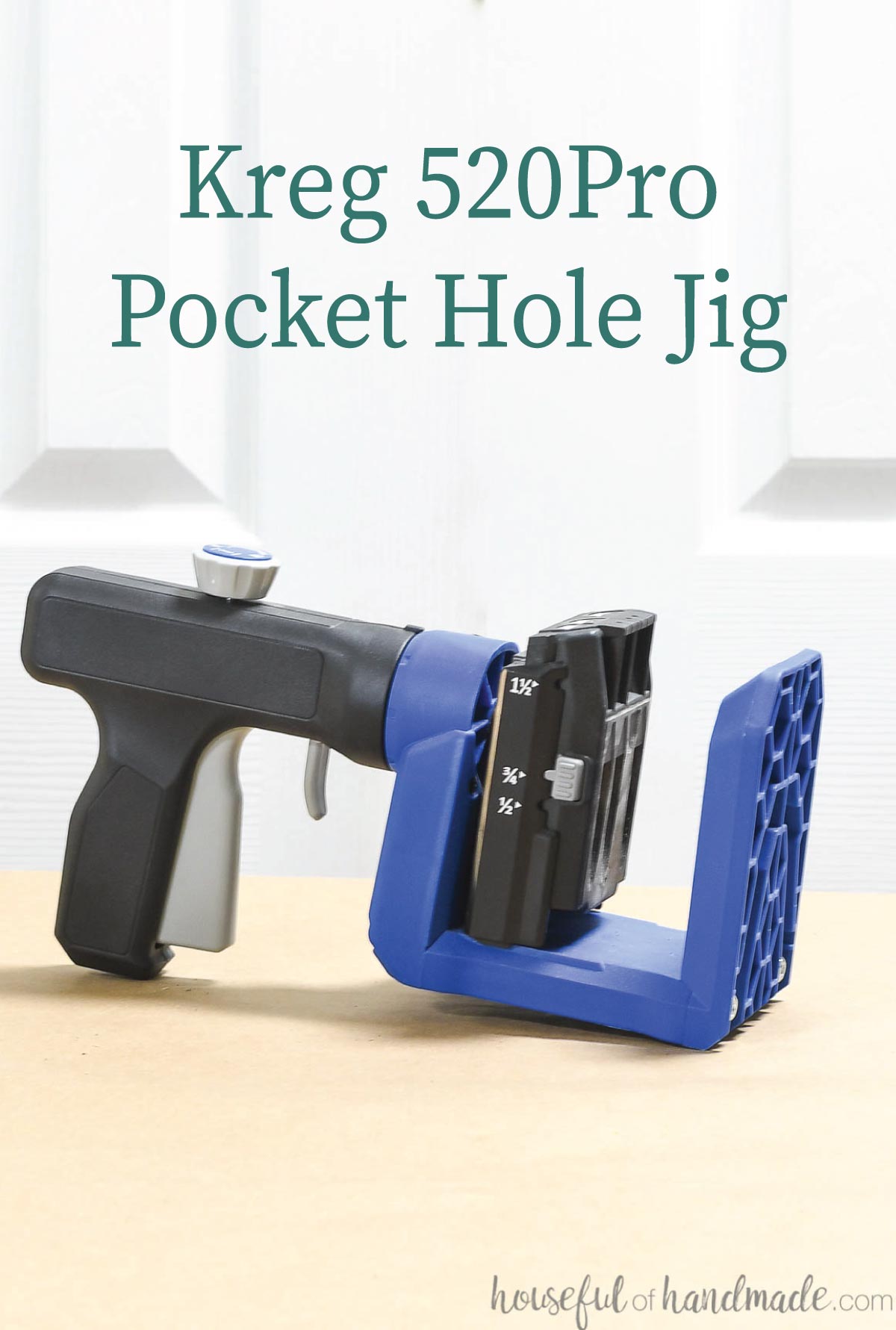 Kreg 520Pro pocket hole jig laying on a table with words "Kreg 520Pro Pocket hole jig" above it.