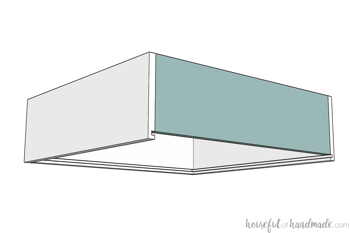 3D drawing of the back of a drawer box where the bottom is open for inserting the bottom panel. 