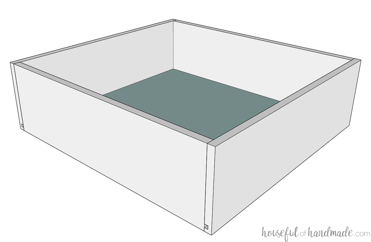 Drawing of a drawer box with the bottom panel attached in a groove. 