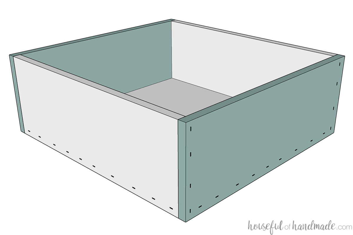 Drawing of attaching the sides for the heavy bottom drawer. 