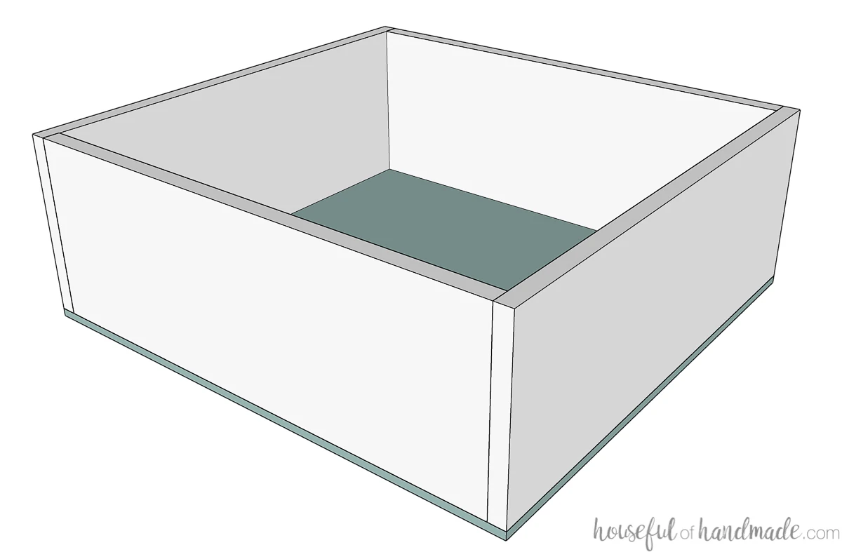 Drawing of a drawer box with the bottom panel nailed on instead of in a groove. 