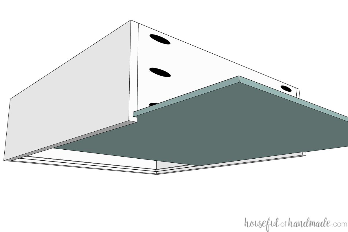 Drawing of pocket hole drawer with bottom panel being slid in to groove. 