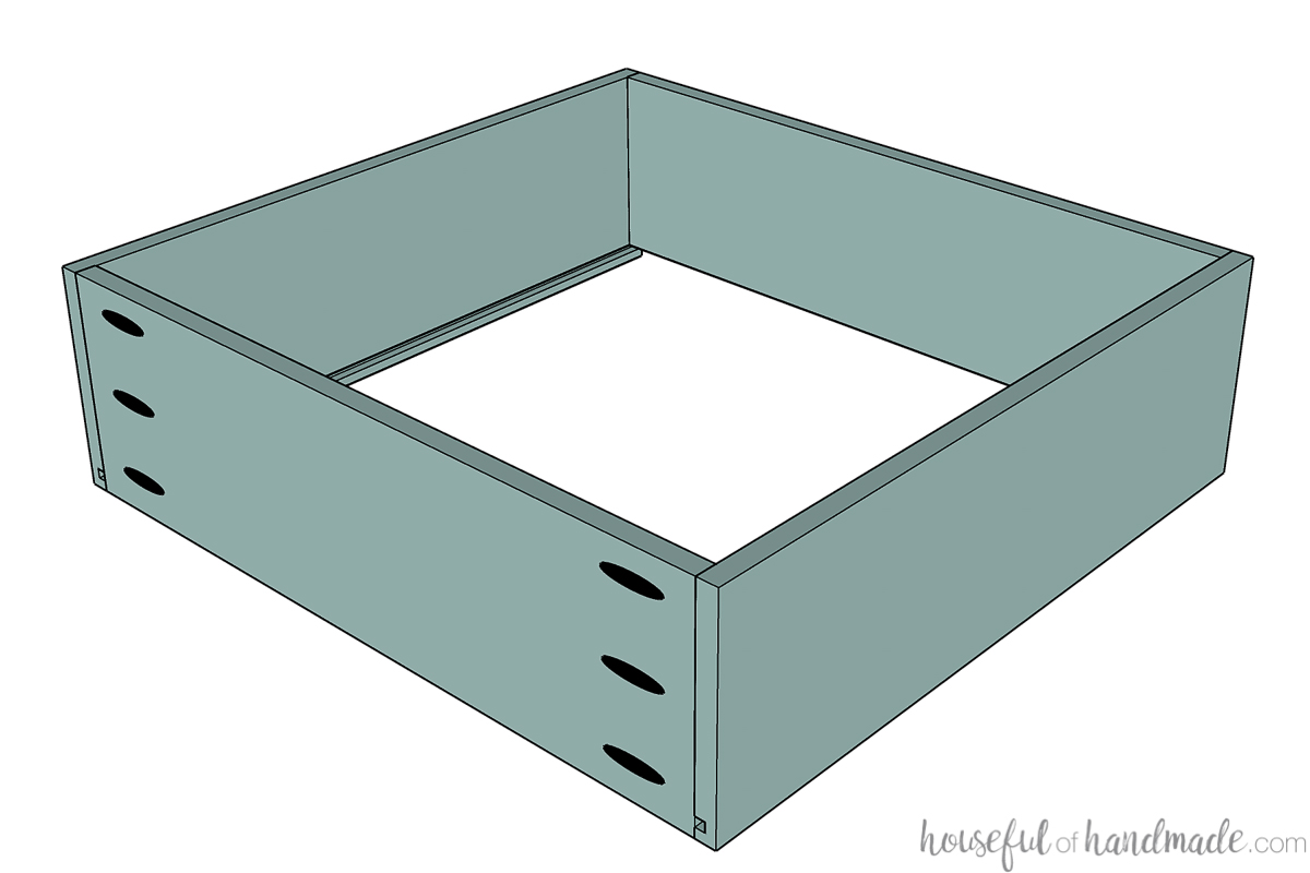 Drawing of sides and front/back of drawer box assembled with pocket holes. 