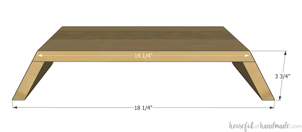 3D sketch of the DIY monitor stand with final measurements noted on it.