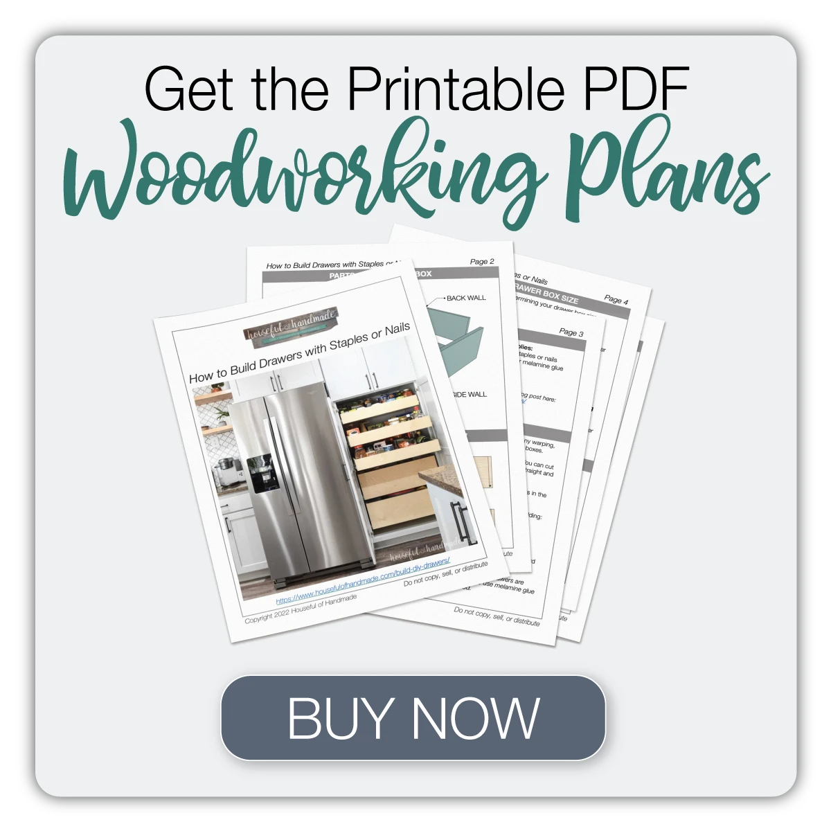 Button to buy the printable PDF woodworking plans for building drawers fast with nails or staples. 