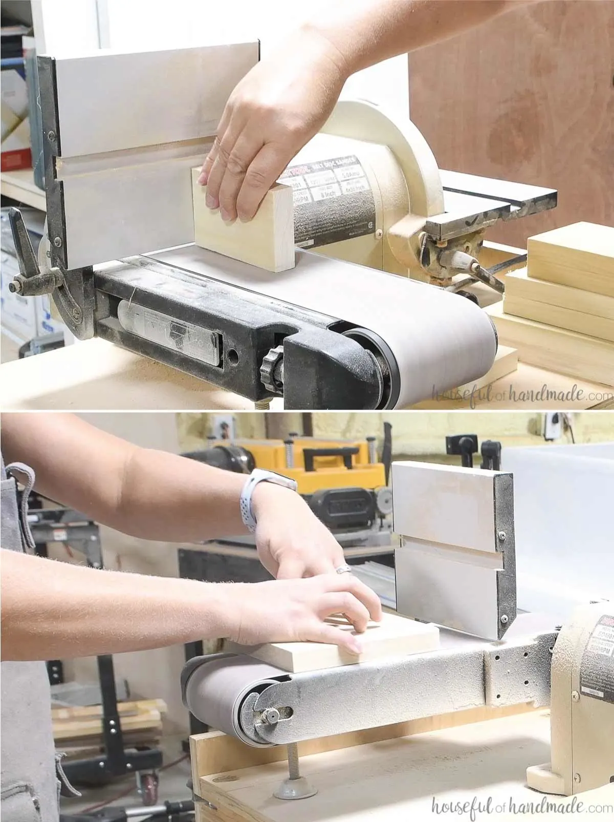 Sanding small scraps of wood for the DIY bookends on a belt sander. 