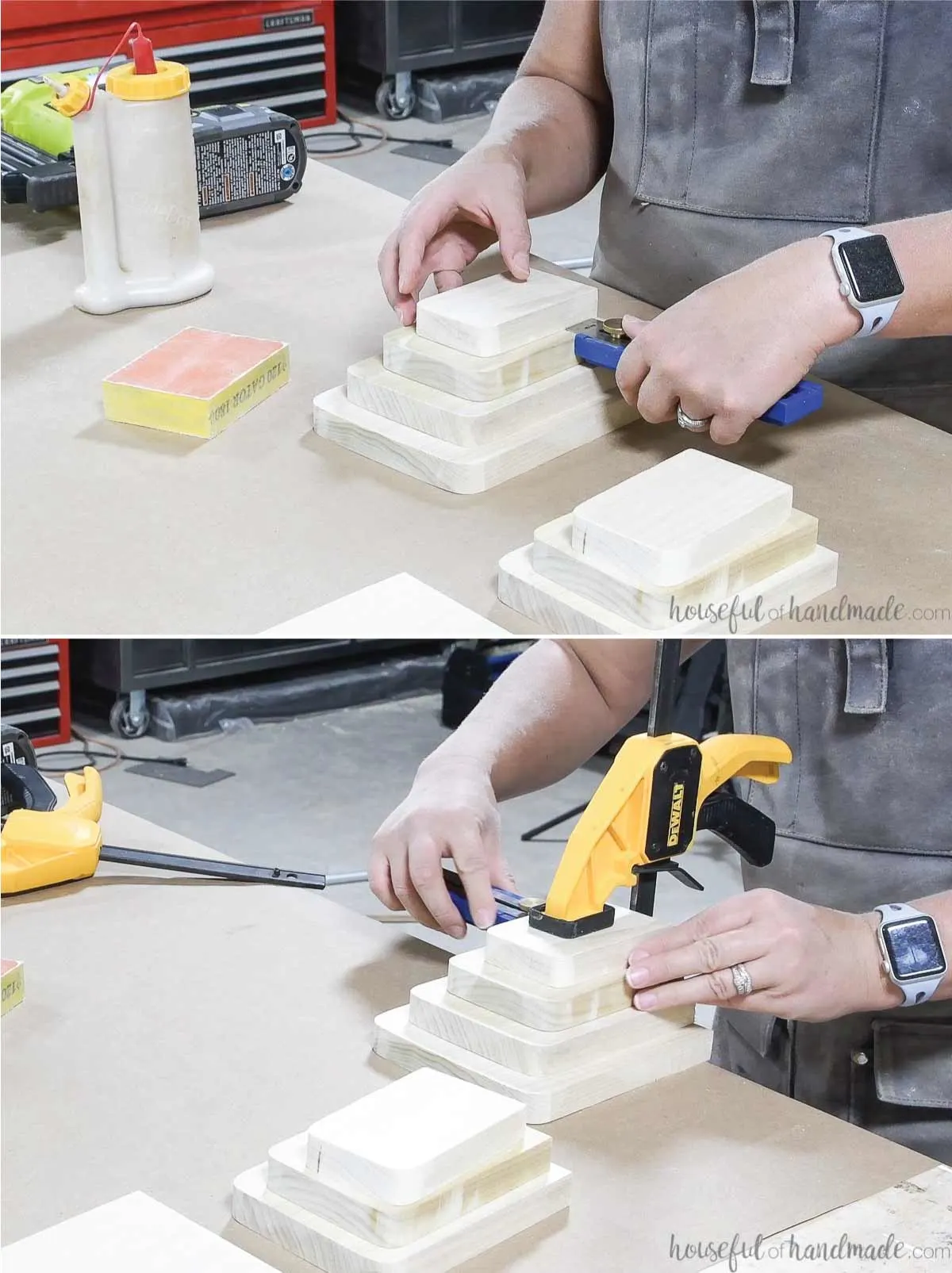 Attaching the last piece of the art decor bookend and clamping it while the glue dries. 