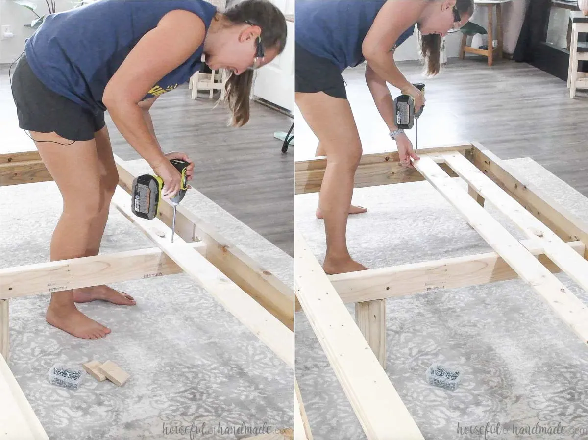 Installing DIY bed slats in the platform bed frame. 