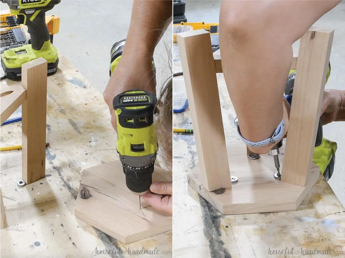 Attaching the stool base to the top with figure 8 fasteners. 