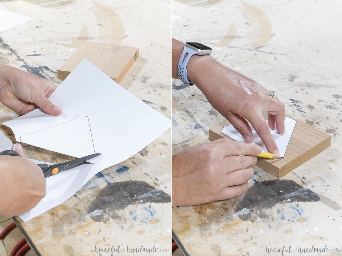 Cutting the shelf template out of a piece of paper and tracing it onto a scrap of wood. 